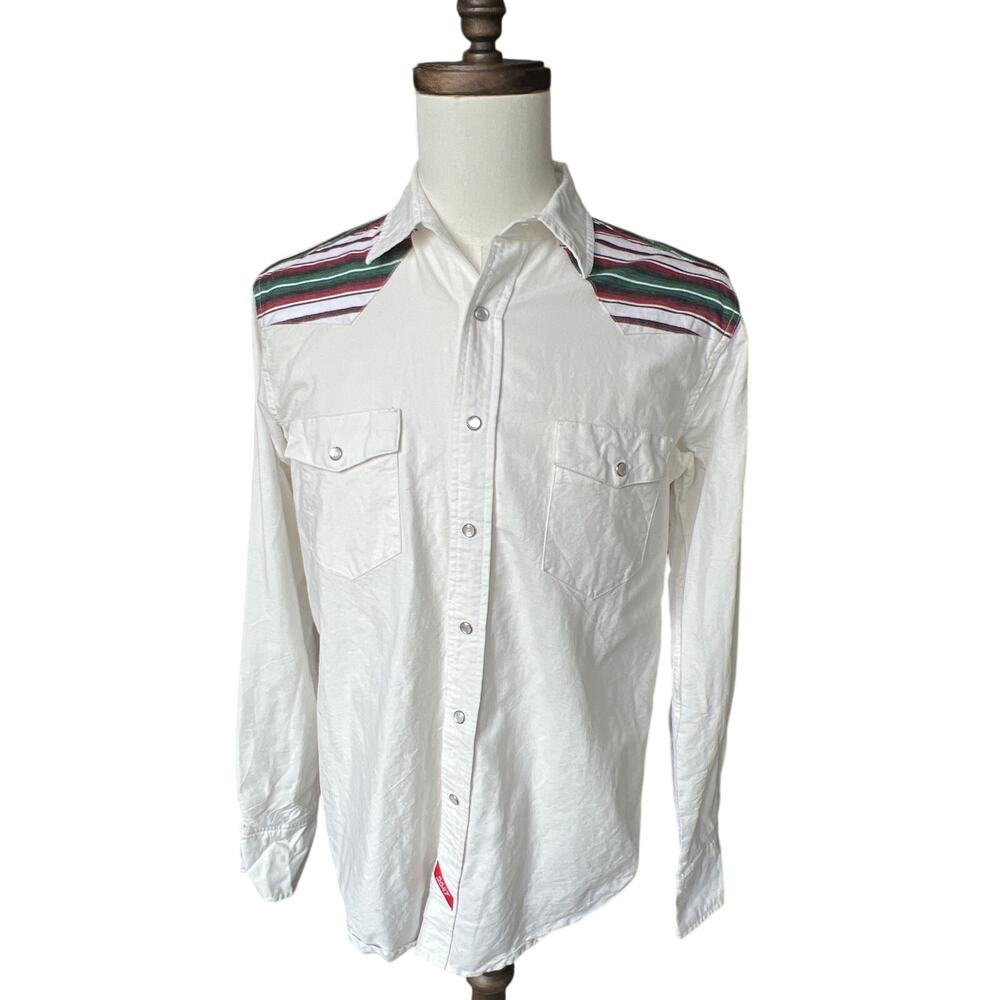 Durkl Salton White Pearl Snap Western Shirt Striped Yoke Men's Size L Read*